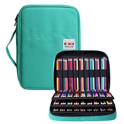 Image of BOMKEE Drawing Pencil Case 220 Slots Colored Pen Organizer Bag Portable Handy Painting Storage Stationery Pouch Waterproof Multilayer Gel Pens Watercolor Pencils Holder for Adults (Green)