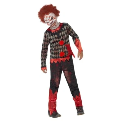 Image of Smiffys Deluxe Zombie Clown Costume, Red &amp; Green with Latex Mask, Top Trousers, Halloween Child Fancy Dress, Dress Up Costumes