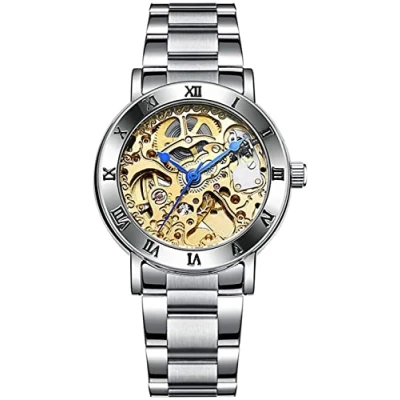 Image of Women&#039;s Watches Automatic Steampunk Self Winding Mechanical Silver Bracelet Ladies Skeleton Wrist Watch (Gold)