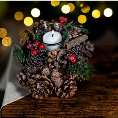 Image of Marco Paul Single Frosted Pinecone Tealight Holders Christmas Botanical Triple Tea Light Candle Decorations Rustic Lighter Votive Holder