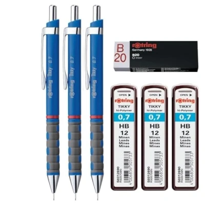 Image of rOtring Tikky Mechanical Pencil Set HB 0.70 mm Blue Barrel Refills &amp; Eraser