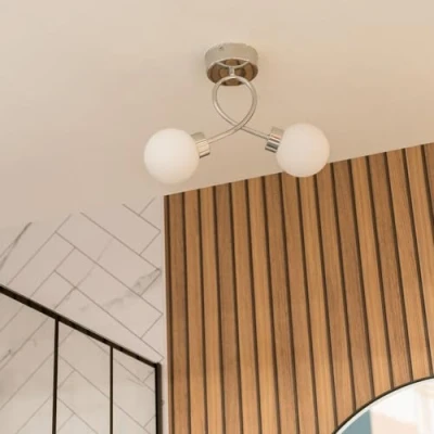 Image of Orbital 2 Way Chrome Metal Twist Ceiling Light IP44 Bathroom Fitting Opal Glass Globe Lamp Shade