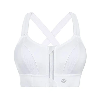 Image of YIANNA Women Sports Bra High Impact for Large Breasts Front Zip Fastening Bras Padded Adjustable Strap Wirefree Gym Yoga Crop Top White, 151 XL