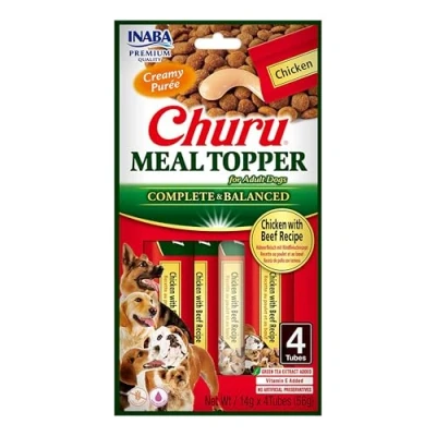 Image of Churu Meal Toppers by INABA Dog Treat Chicken with Beef Recipe (4 x 14g) / Soft &amp; Creamy, Delicious Healthy Purée Food Topper, Natural, Grain Free