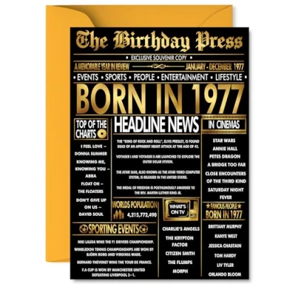 Image of Gold 48th Birthday Card for Men Women Black &amp; Golden Newspaper Born in 1977 Happy 48 Cards Colleague Friend Daughter Uncle Sister Cousin, A5 Bday Greeting