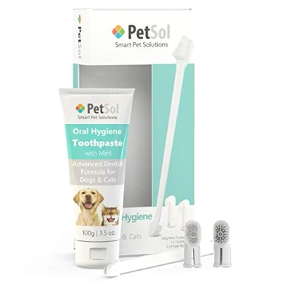 Image of PetSol Dental Care Kit for Dogs &amp; Cats Toothpaste (100g) with 3 x Pet Toothbrushes to Clean Pet&#039;s Teeth, Remove Plaque and Tartar, Improve Gum, Tooth Health Oral Hygiene