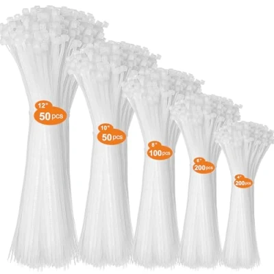 Image of DUNSOO 600 Pack Cable Ties White, Heavy Duty Nylon Zip Ties, 100/150/200/250/300mm, Secure Self Locking Mechanism, Multi Purpose Plastic Tie Wraps for Wire Management, Indoor and Outdoor Use
