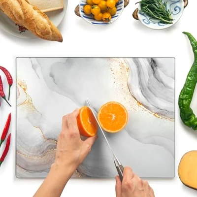 Image of Glass Chopping Board 40x30cm : Worktop Saver for Kitchens Durable, Hygienic Savers Scratch Resistant, Heat Proof, Easy Clean White &amp; Gold