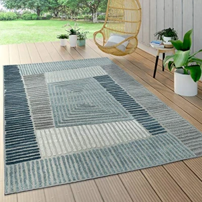 Image of Paco Home Indoor &amp; Outdoor Rug, Terrace And Balcony, Weatherproof Modern Geometric Patterns, Size:160x230 cm, Colour:Blue