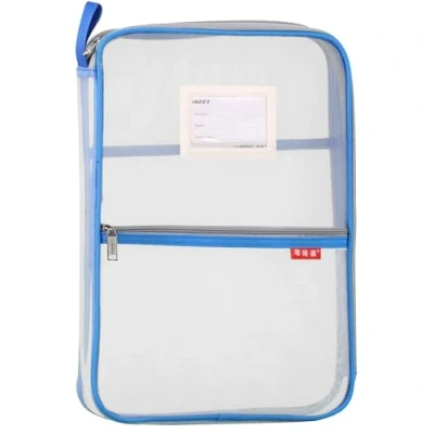 Image of Mesh Document Bag Nylon File Zip Travel A4 Student Homework Office Supplies Blue
