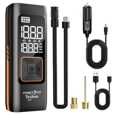 Image of TccbacTire Inflator Portable Air Compressor Auto Shut Off Digital Car Tyre Pump with LED 150PSI Electric Powered 7800mAh Battery or 12V Cigarette Lighter for Car,Bike,Ball