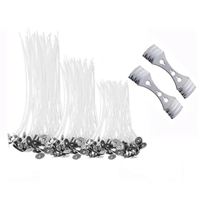 Image of 150 Pieces Candle Wicks, SMALUCK Natural Long Pre Waxed Wicks Wick with 2 pcs 3 Hole Holder for DIY Candles Craft Tools Making Kit (10 cm, 15 cm and 20 cm)