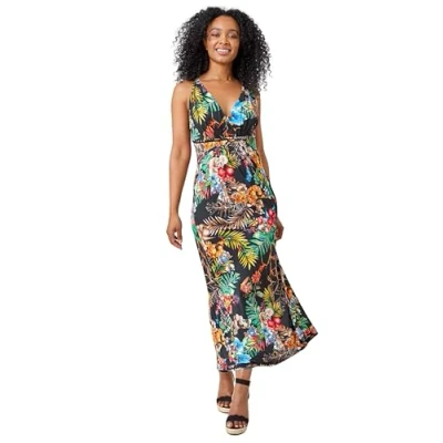 Image of Roman Originals Maxi Dress for Women UK Ladies Twist Knot Front Floral Summer Party Casual Holiday Bohemian Boho Beach Evening Long Floor Length Sleeveless V Neck Black Red Size 18
