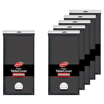 Image of Neatiffy 54 x 108 Inch 6 Pack Rectangle Plastic Table Cloth Picnic/Party/Banquet Cover. Disposable/Reusable Tablecloths (Black)