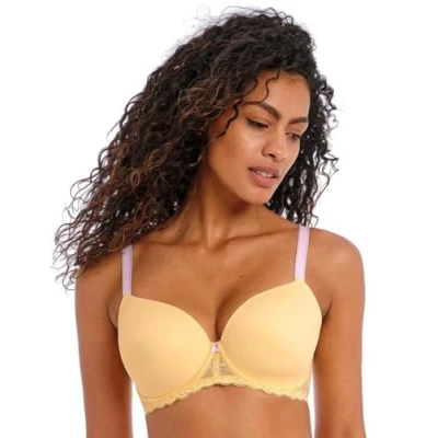 Image of Freya Women&#039;s Offbeat Underwire Demi Molded Plunge T Shirt Bra, Sheer, Lemon Fizz, 30FF US