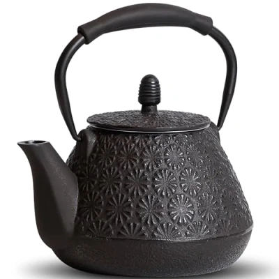 Image of MILVBUSISS Cast Iron Teapot, 950ml Japanese Sakura Blossom Pattern Tea Kettle, Stovetop Safe, Infuser for Loose Leaf &amp; Coffee, Silicone Handle, Enamel Interior, 32oz Black