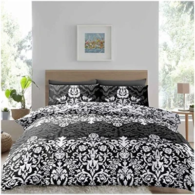 Image of GC GAVENO CAVAILIA Complete Bedset Botanical Duvet Cover King Damask Black Floral Bedding With Matching Flower Bed Sheet &amp; Pillow Covers, 4Pcs