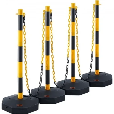 Image of VEVOR Adjustable Traffic Delineator Post Cones, 4 Pack, Safety Barrier with Fillable Base 8FT Chain, for Control Warning Parking Lot Construction Caution Roads, Yellow&amp;Black