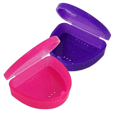 Image of Slim Orthodontic Dental Case x 2 Colour &amp; Glitter Choices for Retainers, Bleaching Trays, Dentures More (Glitter Pink Purple)