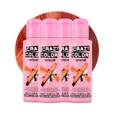 Image of Crazy Color Vibrant Coral Red Semi Permanent 4 Pack Quad Hair Dye. Highly Pigmented Copper Conditioning &amp; Oil Nourishing Vegan Formula No Bleach or Ammonia 400ml