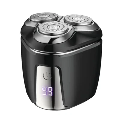 Image of Portable Electric Shaver for Men. LCD Display, Waterproof, Magnetic Shaving Head, USB C Rechargeable Rotary Beard Shaver. Cordless Razor, Self Sharpening Blades Wet &amp; Dry Shave. (Black)
