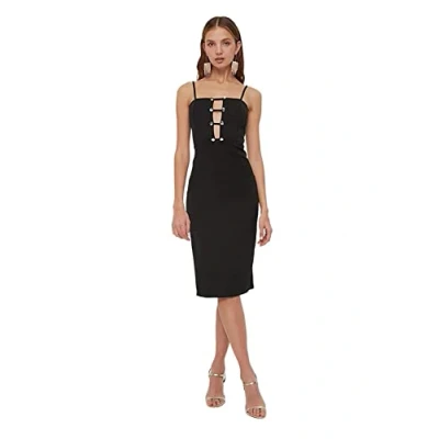 Image of Trendyol Women Glam Midi Bodycon Fitted Woven Dress Black