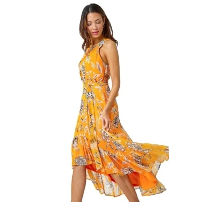 Image of Roman Originals Women Halter Neck Frill Midi Dress Ladies Special Occasion Evening Party Wedding Guest Print Ruffle Detail Sleeveless Round Dresses Warm Yellow Size 18