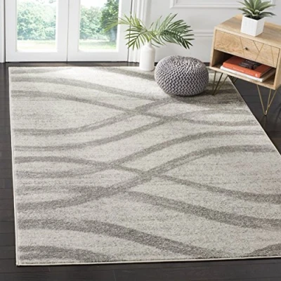 Image of SAFAVIEH Modern Wave Distressed Rug for Living Room, Dining Bedroom Adirondack Collection, Short Pile, in Cream and Grey, 122 X 183 cm