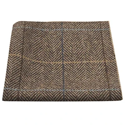 Image of King &amp; Priory Luxury Walnut Brown Herringbone Check Pocket Square, Handkerchief, Tweed