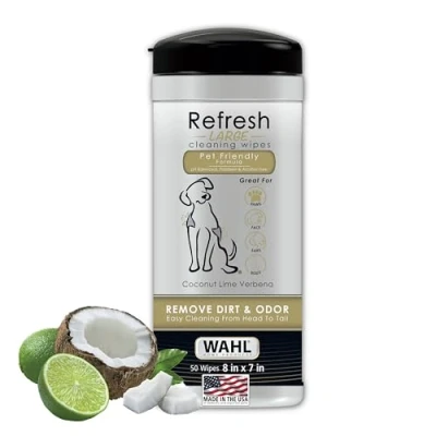 Image of Wahl Dog Wipes Refresh Cleaning Wet Wipes, Remove Pets At Home Dirt and Odors, pH Balanced, Alcohol Free Paraben Free, 50 Wipes,Coconut Lime Verbena Scent