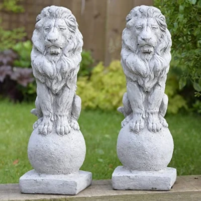 Image of ONEFOLD PAIR of SITTING LIONS Lion Garden Ornaments Outdoor Hand Cast Stone Ornament Statue Sculpture Home Patio Conservatory Decor Set 2