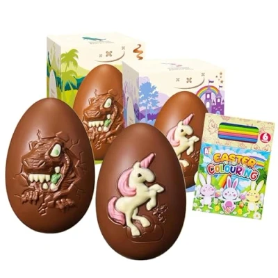 Image of Easter Chocolate Eggs for Gifts Milk Unicorn &amp; Dinosaur 151g Hamper with Colouring Book. Great Sweets Gift Box Kids, Egg Hunt
