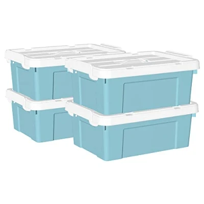 Image of Cetomo 20L*4 Storage Boxes, Carry Plastic Box with Lids, Organizing Container Handle and Secure Latching Buckles, Stackable, Nestable, Tote Bin for Home Office Clothes, 20L 4Pack, Blue