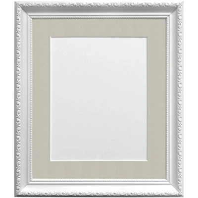 Image of FRAMES BY POST Shabby Chic Picture Photo Frame, Plastic, White with Light Grey Mount, 14 x 11 Image Size 10 8 Inches
