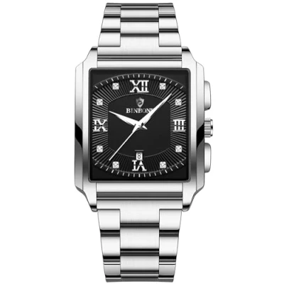 Image of JewelryWe Square Tank Luminous Watches: Men Silver Black Business Date Waterproof Analogue Quartz Rectangular Big Face Stainless Steel Wristwatch