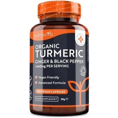 Image of Organic Turmeric 1440mg (High Strength) with Black Pepper &amp; Ginger 180 Vegan Capsules (3 Month Supply) Termeric Active Ingredient Curcumin Made in The UK by Nutravita