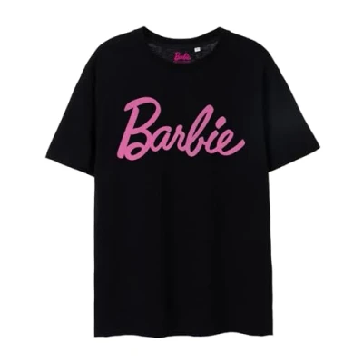 Image of Barbie Womens T Shirt Black OR White Option with Pink Classic Logo for Ladies Retro Short Sleeved Fashion Top Graphic Tee Sleeve Doll Movie Merchandise Gift Adults