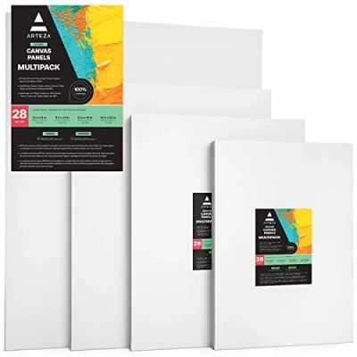 Image of ARTEZA Painting Canvas Panels Multi Pack, 9X12, 11X14, 12X16, 16X20 Set of 28, Primed White, Cotton with Recycled Board Core, for Acrylic, Oil, Other Wet Or Dry Art Media, Artists