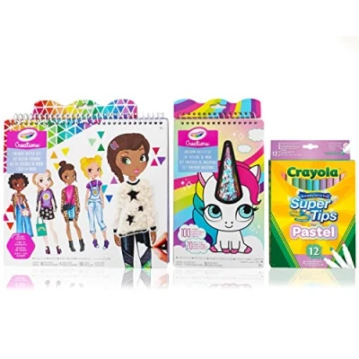 Image of Crayola Creations, Fashion &amp; Unicorns Colouring Set with Stickers, Creative Gift for Girls, Age 6+