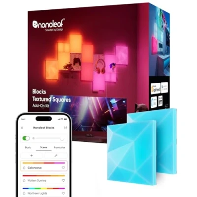 Image of Nanoleaf Blocks Expansion Kit 2 Textured Squares, 3D Multi Faceted RGBW Color Changing Light Panel, Adjustable Colour Temperature 1200K 6500K, Soft Lighting (23.1 x 23.1 cm Each)