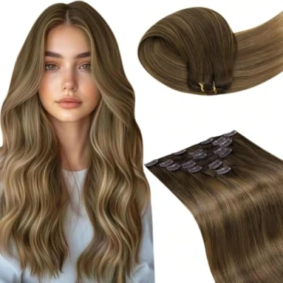 Image of LaaVoo Clip in Hair Extensions Real Human 14 Inch 7pcs 120g Brown Shadows to Light Seamless Remy #6/8/14