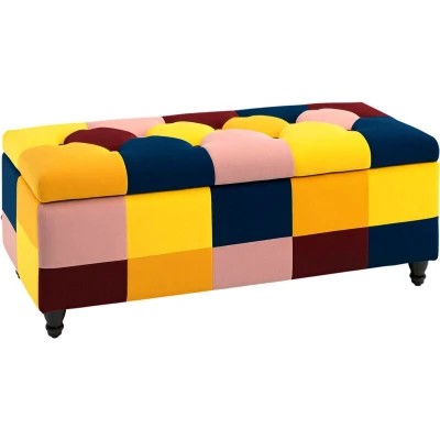 Image of HOMCOM 114 x 47 47cm Velvet Storage Ottoman, Button tufted Footstool Box, Toy Chest with Lid for Living Room, Bedroom, Multicoloured