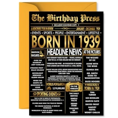 Image of Gold 86th Birthday Card for Men Women Black &amp; Golden Newspaper Born in 1939 Happy 86 Cards Nanny Uncle Grandma Husband Dad Nan, 5x7 Inch Bday Greeting