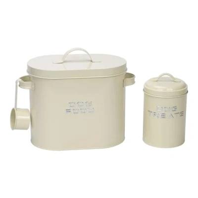 Image of simpa 3PC Matt Cream Oblong Metal Dog Food Storage Set: Tin, Treats Tin &amp; Serving Scoop