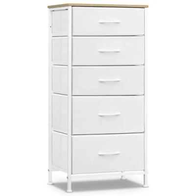 Image of WOLTU Fabric Bedroom Chest of Drawers, 5 Drawer Hallway, Bedroom, Living Room, Cloud White + Beige Oak