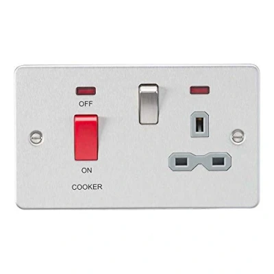 Image of KnightsBridge Flat plate 45A DP switch and 13A switched socket with neon brushed chrome grey insert