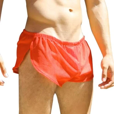 Image of Mens Sexy Mesh Split Sides Lounge Shorts 1 Inch Inseam Low Rise Orange M