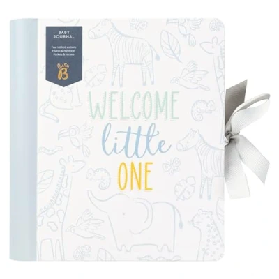 Image of Busy B Blue Baby Journal Spiral bound with Ribbon Closure and Four Tabbed Scetions for Photos. Milestones Memories, Handy Pockets Storing Keepsakes Stickers FSC® Certified