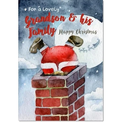 Image of doodlecards Grandson and Family Christmas Card Santa Chimney Medium Size for &amp; with Plain Envelope
