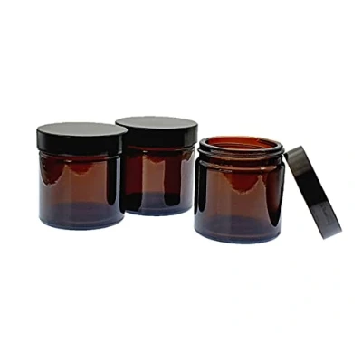 Image of Avalon Cosmetic Packaging PACK of 3 Empty AMBER Glass Refillable 60ml Jars with Black Urea Airtight Lids for Aromatherapy Blends/Creams/Candlemaking/Sample Pots